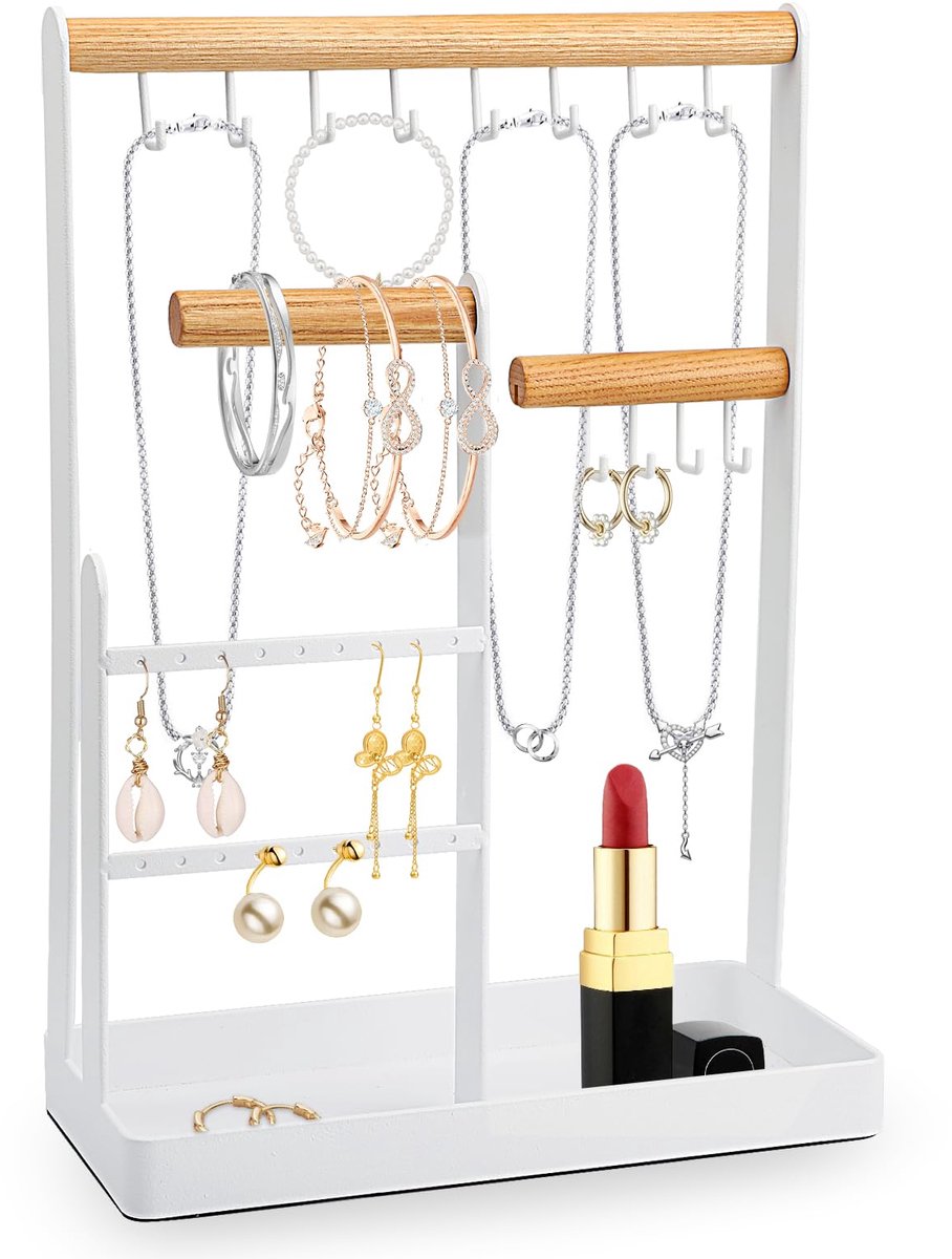 Hisdricus Sieradenstandaard - Sieradenopberger - Ringhouder - Kettingstandaard Sieraden - Sieradenorganizer voor kettingen, armbanden, ringen - Wit