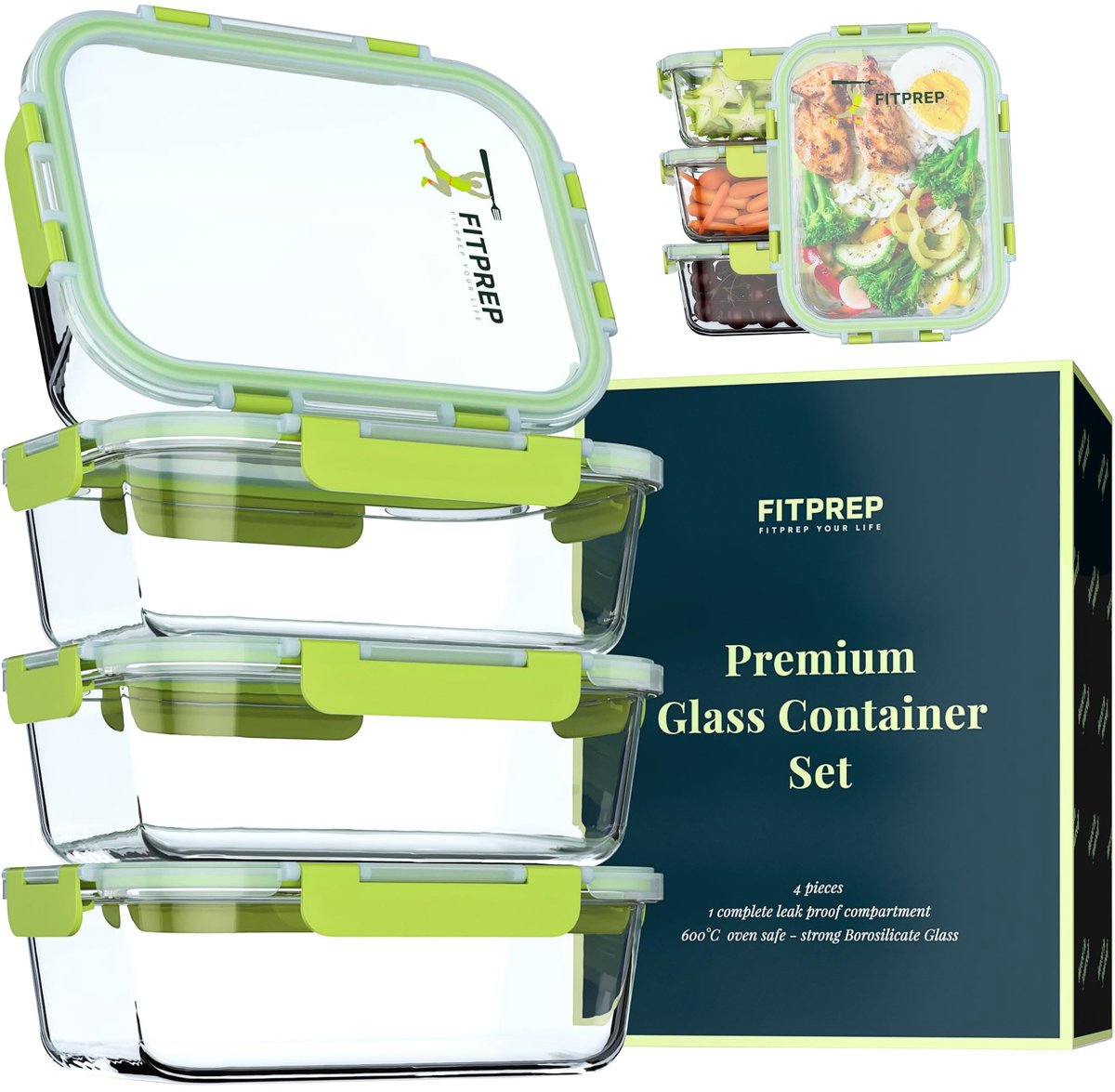 FITPREP® glazen containers met deksels set van 8 stuks [4 bewaarcontainers + 4 deksels] Premium bewaarcontainers met deksels, luchtdicht voor maaltijdvoorbereiding, 880 ml, maaltijdvoorbereidingsdozen, lunchbox, duurzaam en veelzijdig.