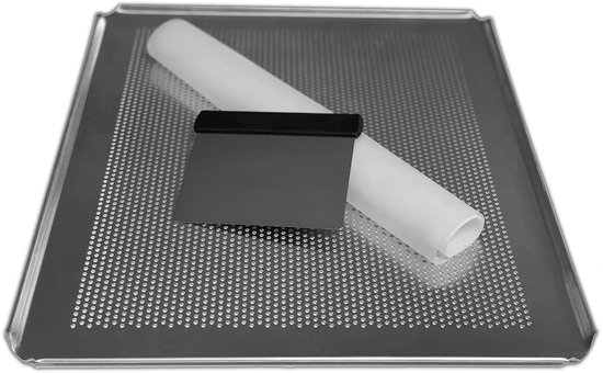 LEHRMANN 3-delige bakset - bakplaat 42,5 x 36 cm geperforeerd, siliconen mat, deegschraper roestvrij staal voor pizza bakken thuis