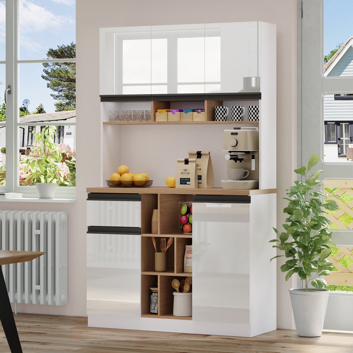 Gutent Kast-105×45×185 cm-Wit-Buffetkast-Hoogglansdeuren-Metalen trekkers-Verstelbare legplanken-Open opbergruimte-Anti-Tilt