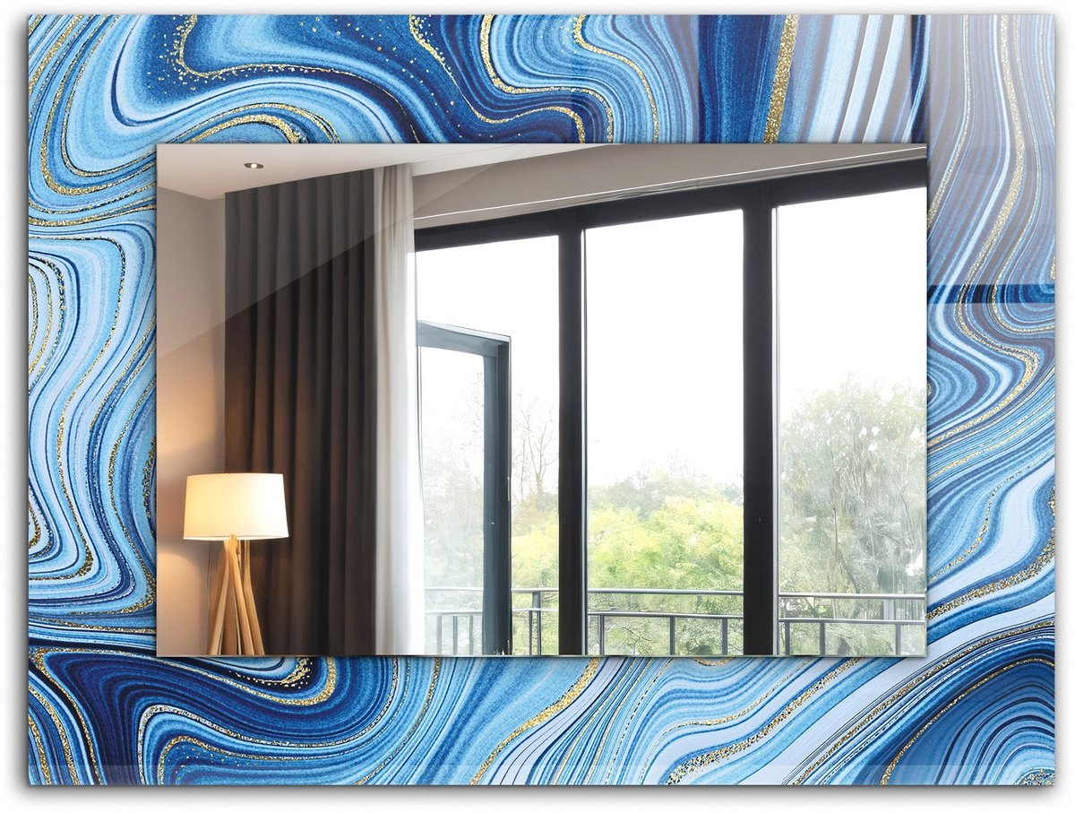 Tulup Spiegel - Vierkante vorm Spiegel - op gehard Glas - Abstract blauw patroon - 80 x 60 cm - Spiegel met decoratieve opdruk - Inloopkastspiegel – Badkamerspiegel - Toiletspiegel - Scheerspiegel - Woonaccessoires - Wandmontage