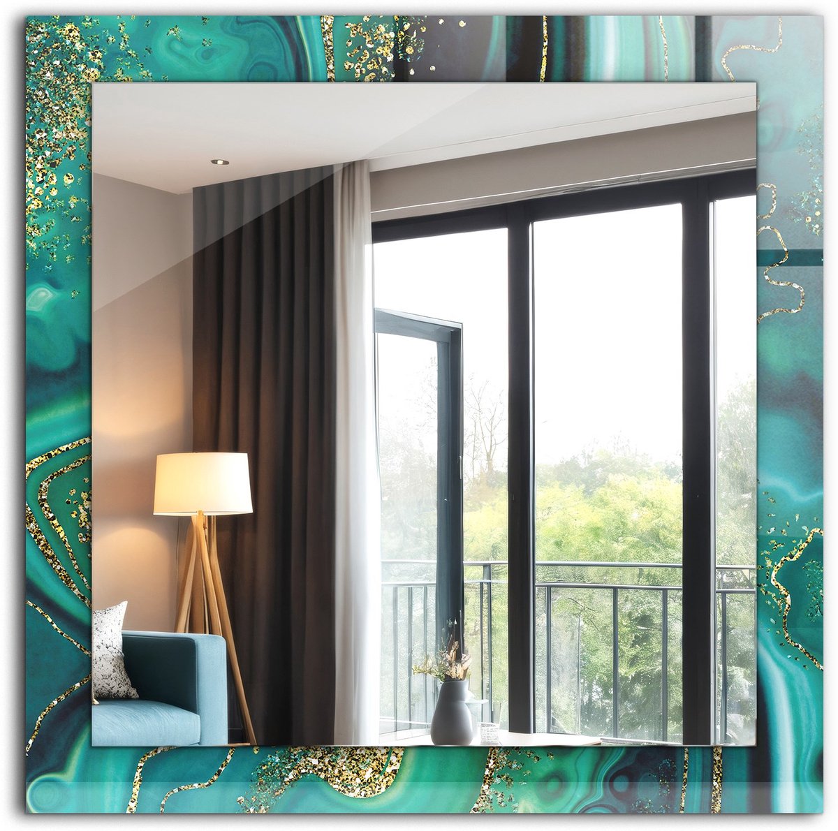 Tulup Spiegel - Spiegel op gehard Glas - Vierkante Spiegel - Abstract groene textuur - 60 x 60 cm - Stijlvolle spiegel met grafisch motief - Slaapkamerspiegel - Badkamerspiegel - Gang - Kleedkamer - Make-up Spiegel - Luxe Spiegel - Ophangsysteem