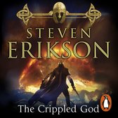 Een krijger met een helm, schild en zwaard staat tegenover een vlammenzee met vliegende wezens. Titel: The Crippled God.