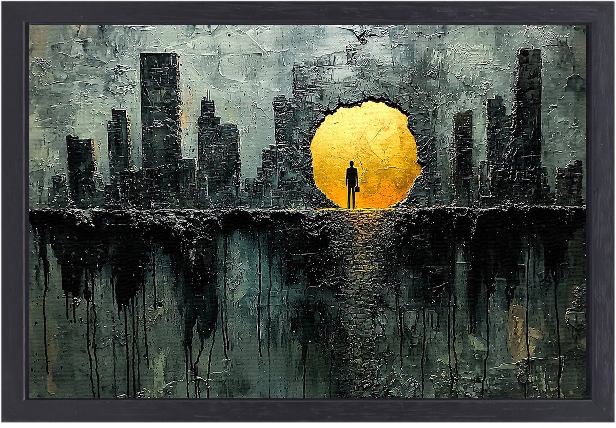 Silhouet in gouden zonlicht - Stad canvas kunst - Canvas schilderij silhouet - Surrealisme