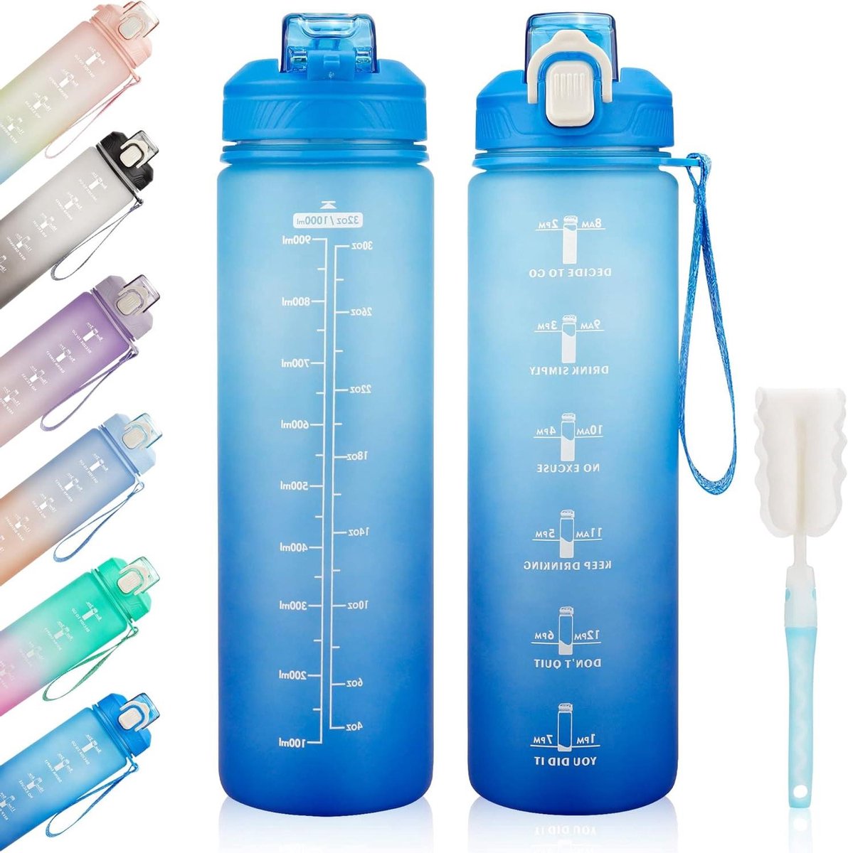 JGS Premium - Waterfles met Tijdmarkering 1L - Lekvrije Sportfles met Rietje en Draagriem - BPA-vrij voor Fitness en Buitensport
