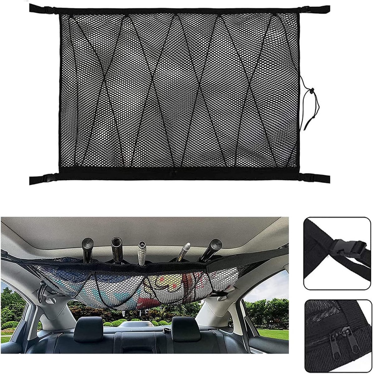 Image of 1 stuk - Nettas voor kofferbak auto - Intrekbare opbergzak - Elastisch bagagenet -Nettas voor kofferbak auto - Opbergnet auto - Bagagenet camper - 90cm x 65cm - Zwart