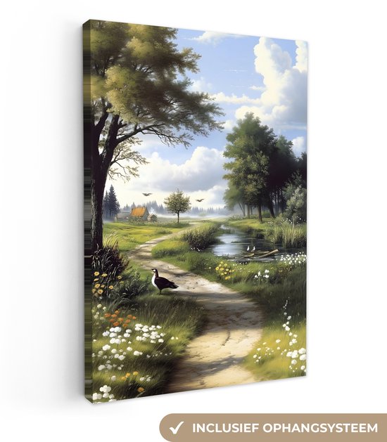 Canvas schilderij 60x90 cm - Exclusieve wanddecoratie Zandpad - Groen landschap - Water - Muurdecoratie woonkamer - Slaapkamer decoratie - Kamer accessoires - Schilderijen op canvas