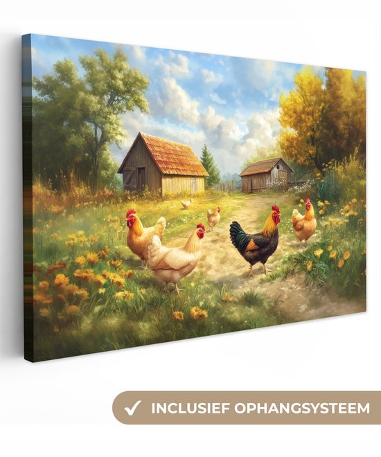 Canvas schilderij 120x80 cm - Exclusieve wanddecoratie Kippen - Landelijke rust - Natuur - Muurdecoratie woonkamer - Slaapkamer decoratie - Kamer accessoires - Schilderijen op canvas