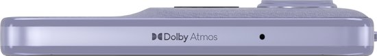 Lichtpaarse smartphone, zijkant met 'Dolby Atmos' logo.
