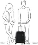 Schematische weergave van een zwarte koffer tussen een vrouw (170 cm) en een man (180 cm).