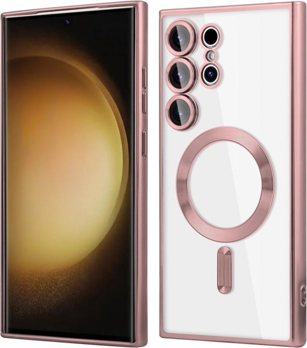 Telefoonhoesje Geschikt voor Samsung Galaxy S22 Ultra – Siliconen Hoes met Chroom – Compatibel met MagSafe – Geïntegreerde Camerabescherming – Rosé Goud – FuturiQ