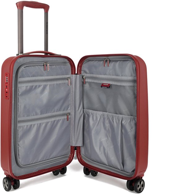 Valise cabine Decent rouge ouverte avec cadenas à combinaison TSA, fermeture éclair et compartiments internes.