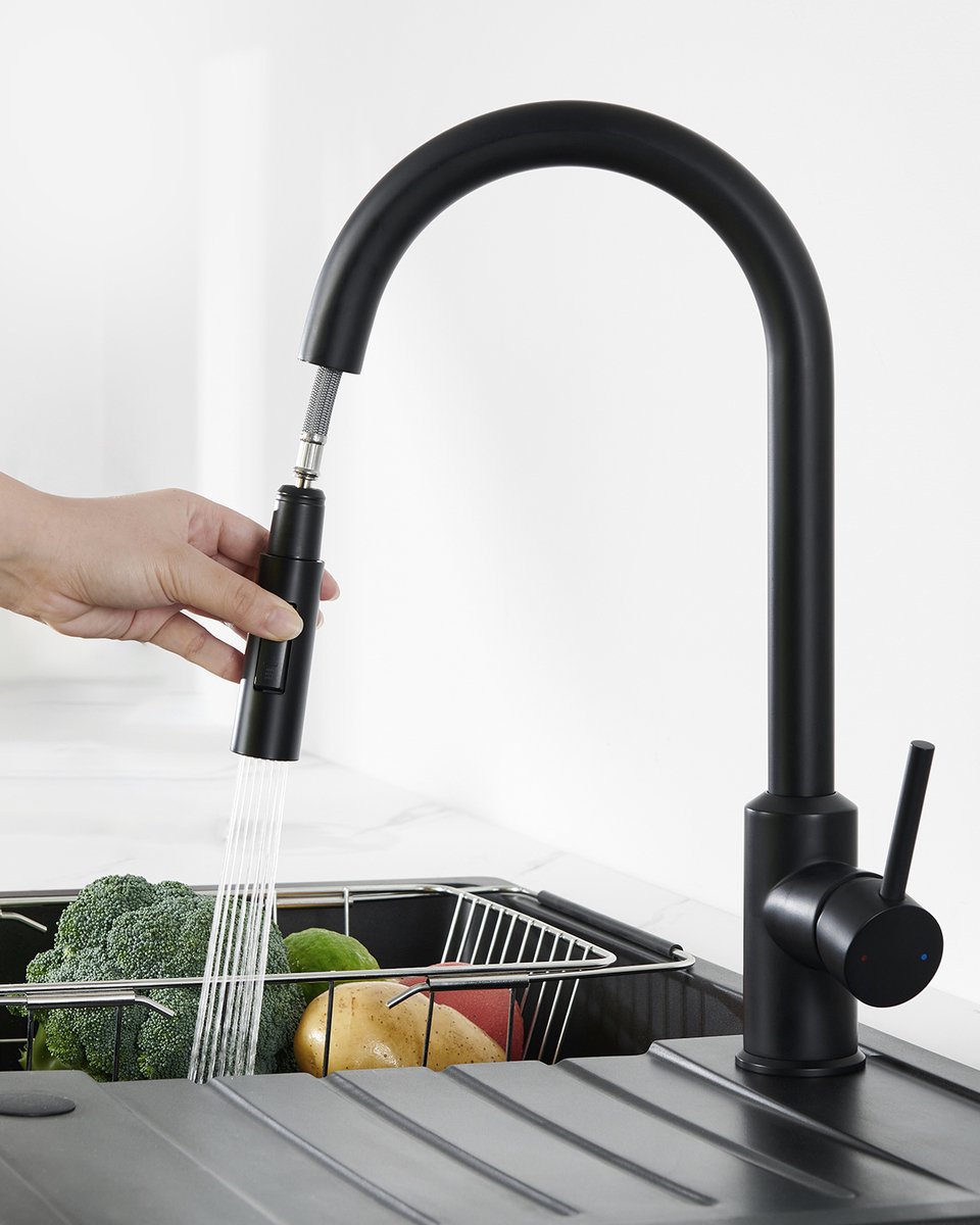 ANYCEE MAX Keukenkraan Zwart met Handdouche, Keukenmengkraan met 360° draaibaar, Mengkraan met 2 straalsoorten