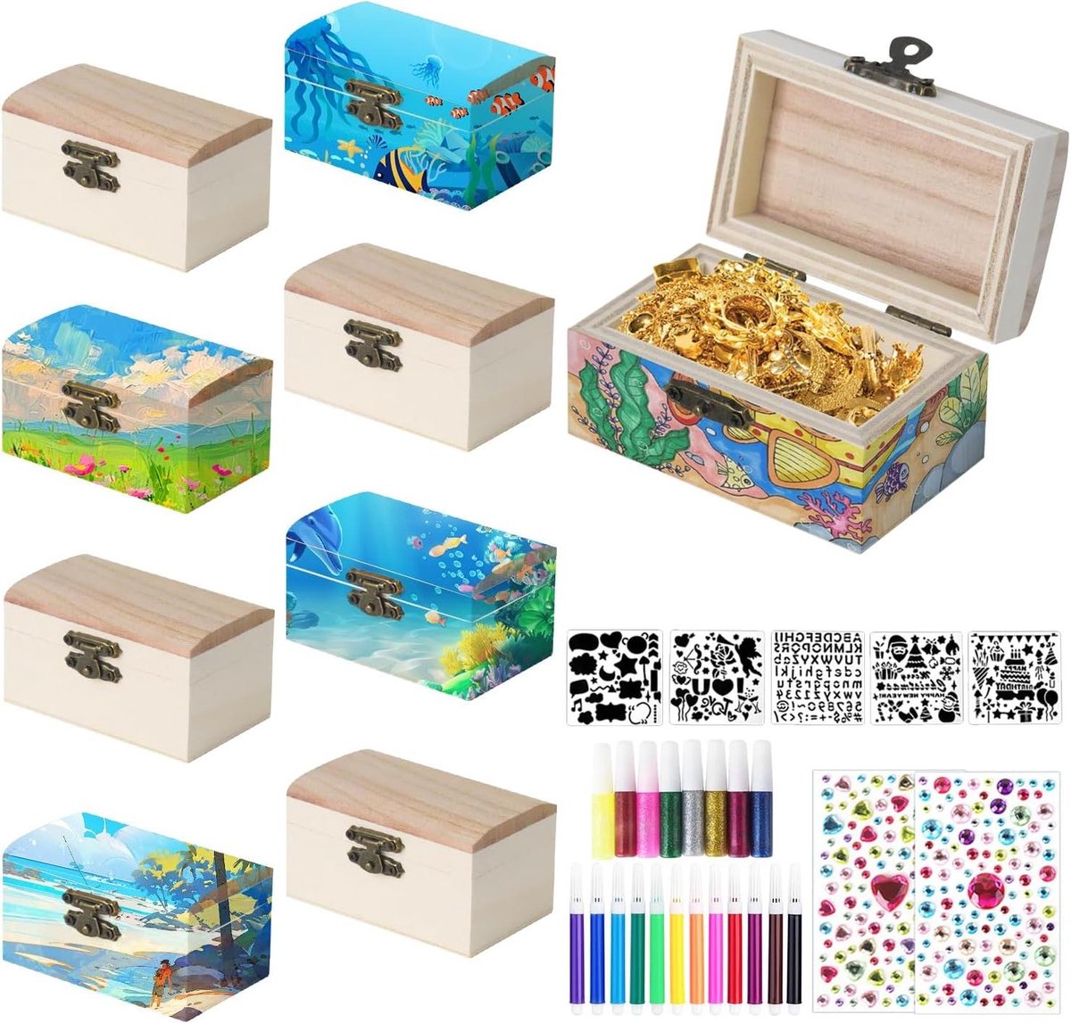 Pack van 10 DIY kleine houten schatkisten met deksel, schatkisten voor kinderen, inclusief diamantstickers voor schilderen en knutselen, piratenfeest verjaardag