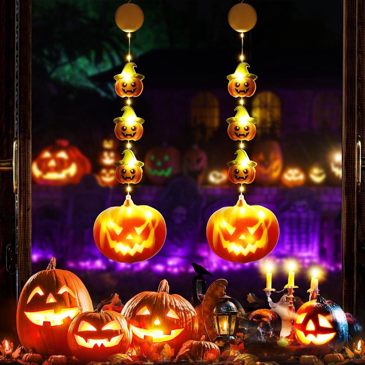 Inovra Plus - Raamdecoratie Lichten 2 Stuks LED voor Herfst en Kerst met Zuignap - Decoratieve Verlichting voor Halloween - Batterij Operated Light Strings voor Tuin, Balkon en Feest - Hangende Raamverlichting