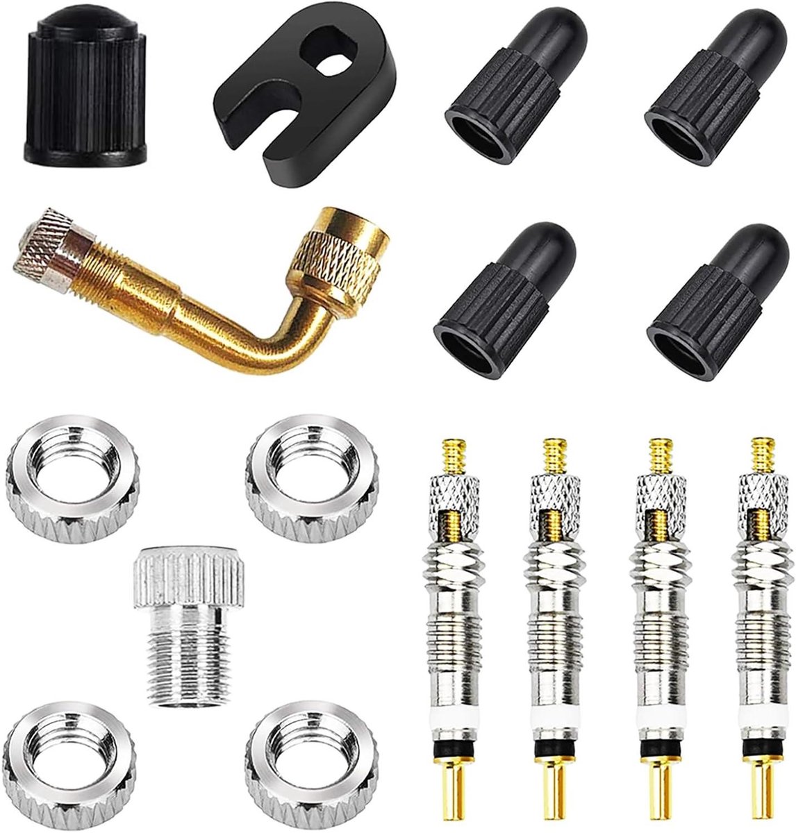Inovra Plus - Ventieladapter voor fietsen en ventieldoppen set - Koperen Presta naar Schrader - 16 stuks - Fietsventielconverter en accessoires