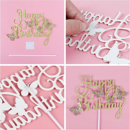 13-delige set Vlinder Happy Birthday Taarttoppers - Goudroze Glitter Taartdecoraties - Vlinderthema - Meisjes en Vrouwen Verjaardagsdecoraties