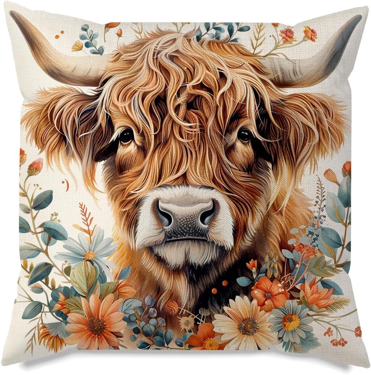 Inovra Plus - Kussenhoes met Schotse Hooglander 45x45 cm - Decoratieve kussensloop boerderijmotief - Kerst- en verjaardagscadeau voor vrouwen - Boerderijdecoratie met bloemenprint.