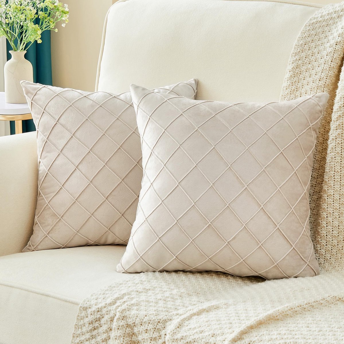 Ibenzoa Klassieke Fluwelen Sierkussenslopen Set van 2 met Verborgen Ritssluiting, 45 x 45 cm, Beige Geruit