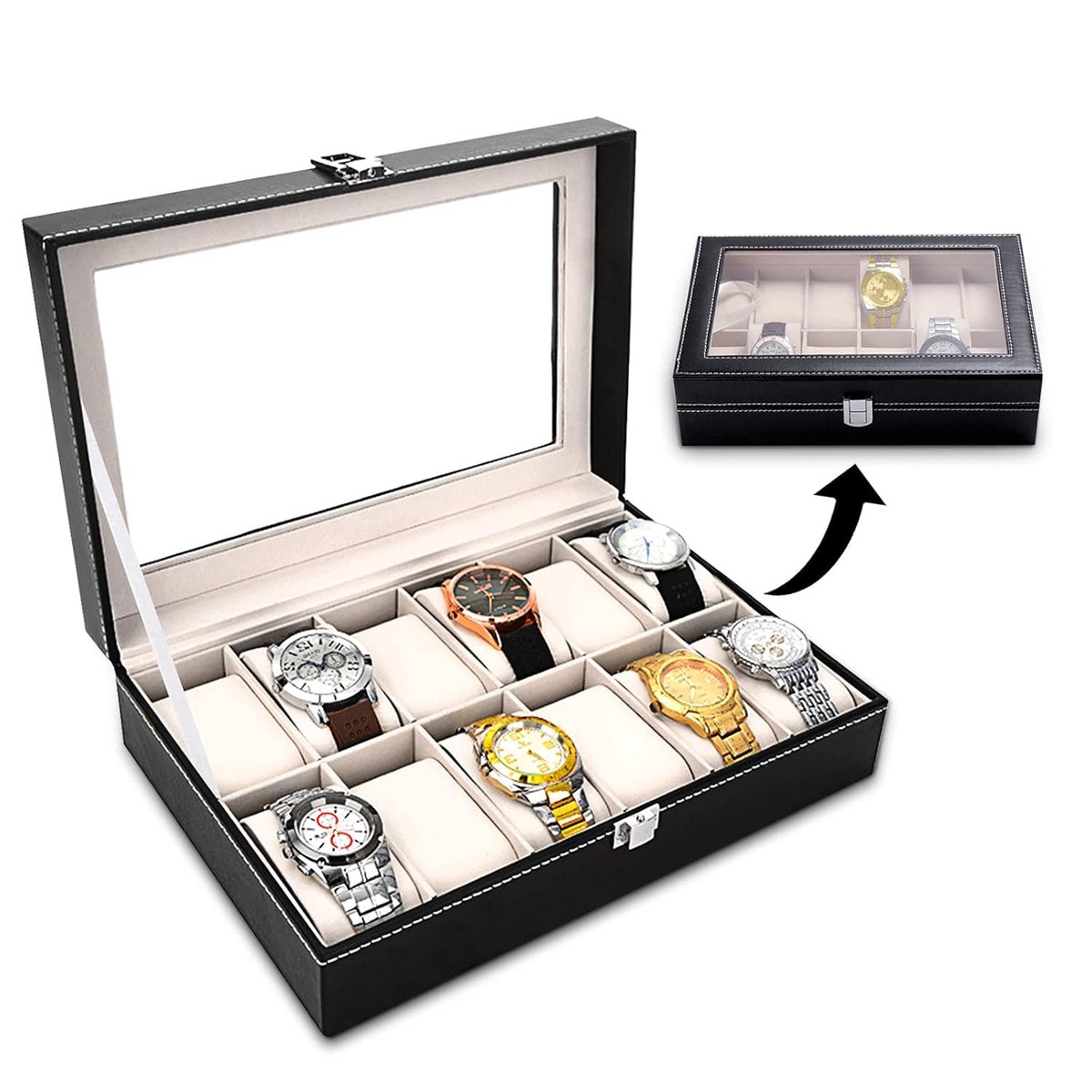 TRANKIELO® - Luxe Horlogedoos met Glazen Deksel - 12 Vakken - Duurzaam PU-leer en Flanel Interieur - Stofdicht en Krasbestendig - Voor Horloges en Sieradenopslag