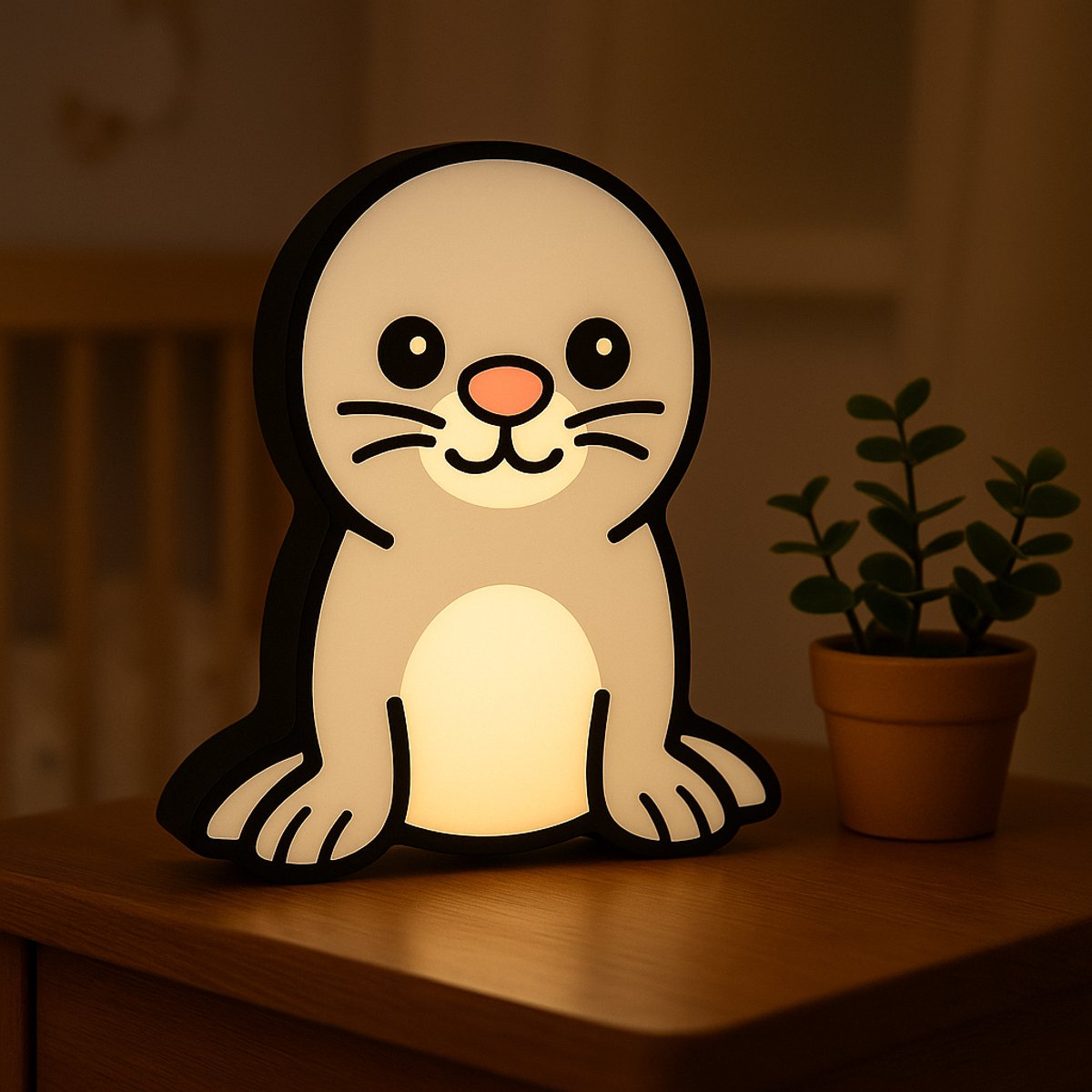 Kawaii Zeehond Nachtlampje – 3D Dieren Lightbox met USB – Cartoon Sfeerlamp voor Babykamer