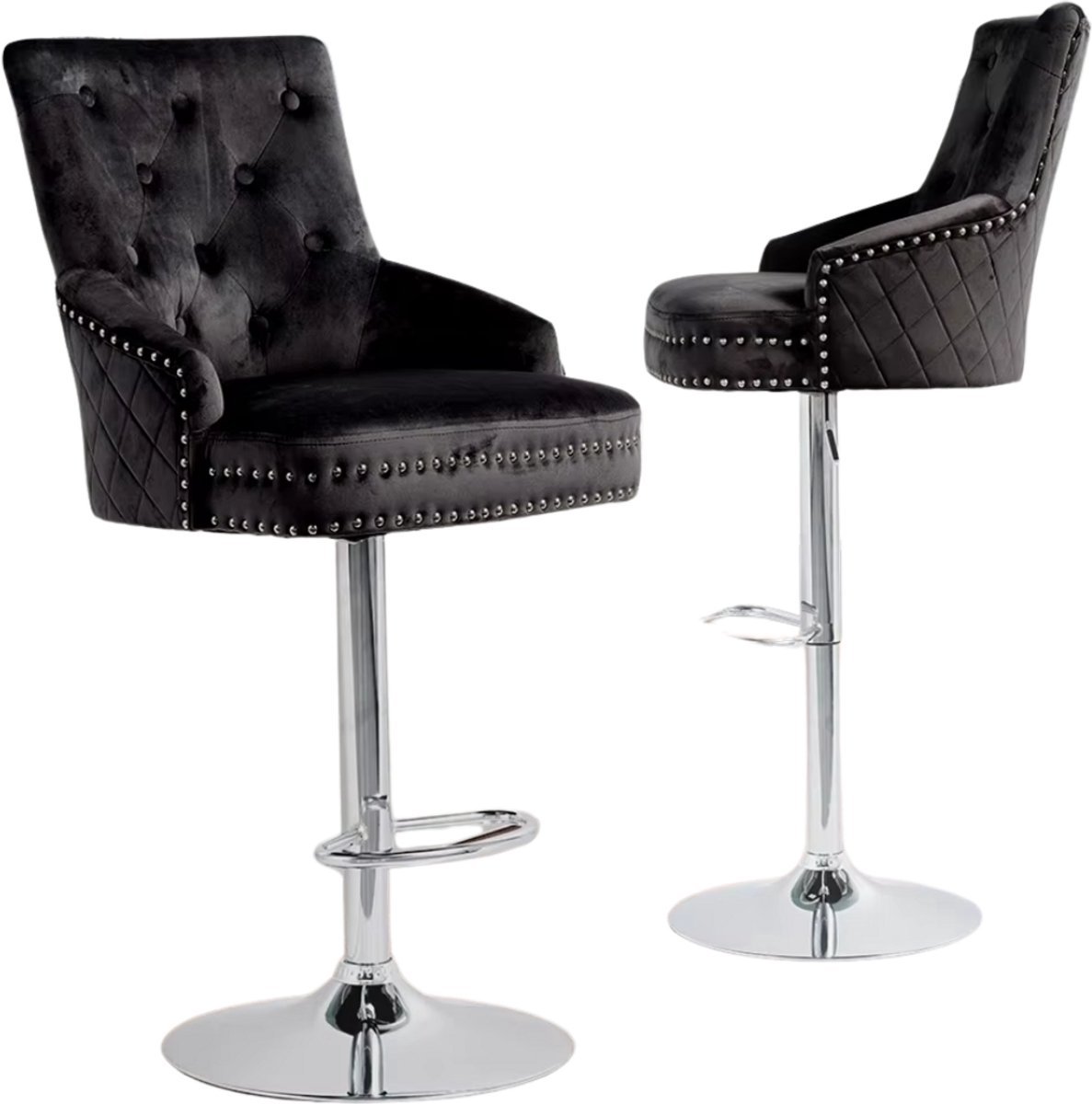 Happiq Barkrukken Luxe Valora - Set van 2 - Met rugleuning - Zwart - Velvet - Verstelbaar - Voor Keuken, Bar of woonkamer - Draaibaar