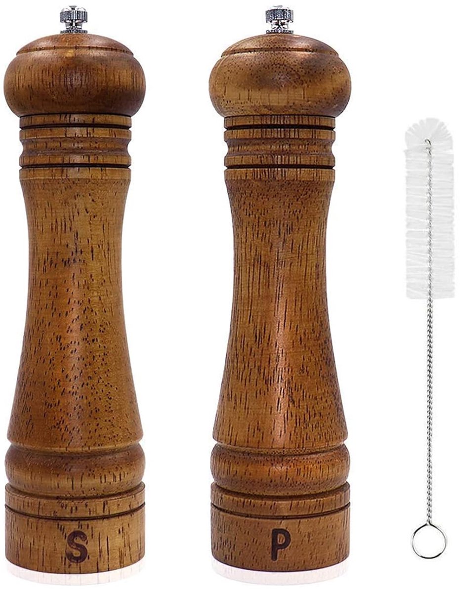 Houten zout- en pepermolen - groot - 20 cm - met reinigingsborstel