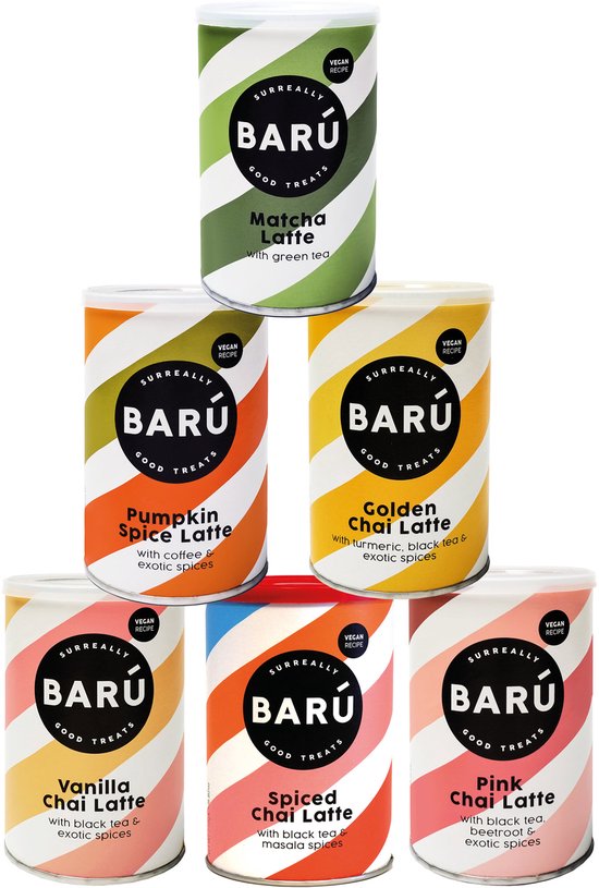 BARÚ Latte Bundel - Spiced Chai, Vanilla Chai, Pink Chai, Golden Chai, Matcha, Pumpkin Spice - 6 x 250g - 96 porties
