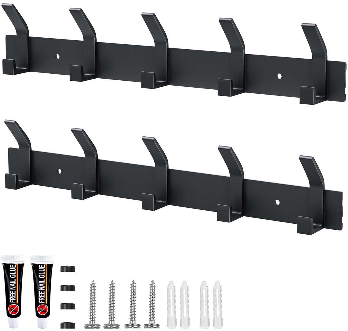 Ibenzoa Kledinghaken voor aan de muur met 5 haken per stuk, set van 2 stuks, mat zwarte afwerking