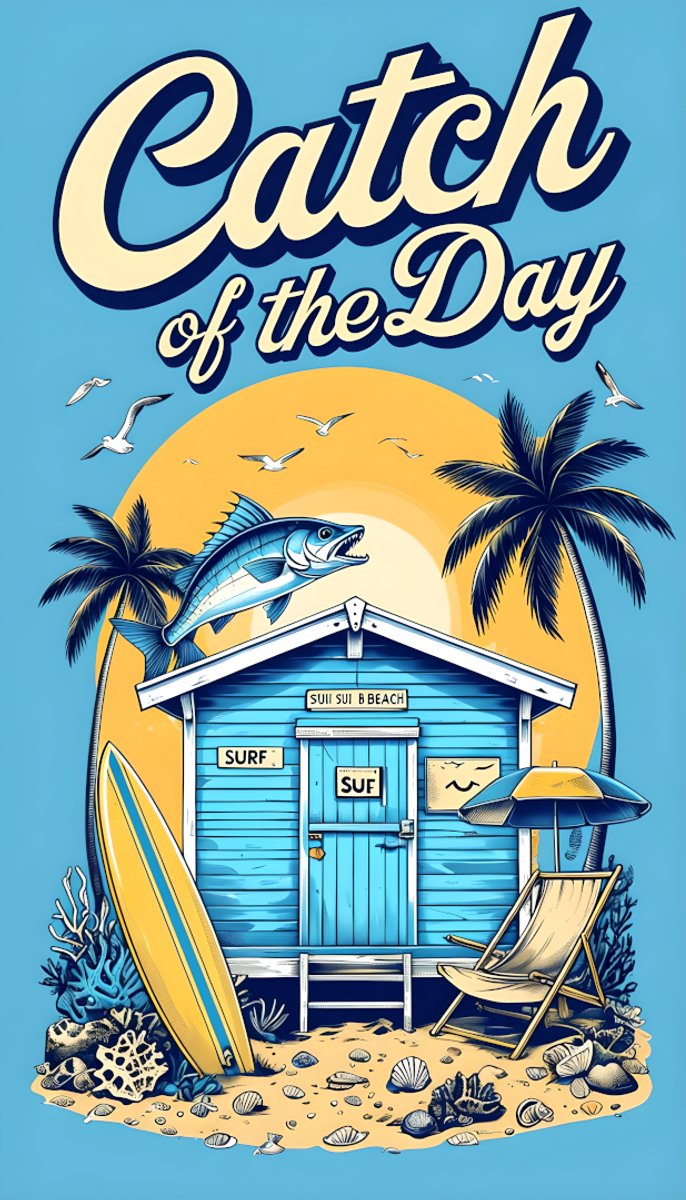 4one6 industries Vangst van de dag – Retro strandhutposter (A4, glanzende afwerking)