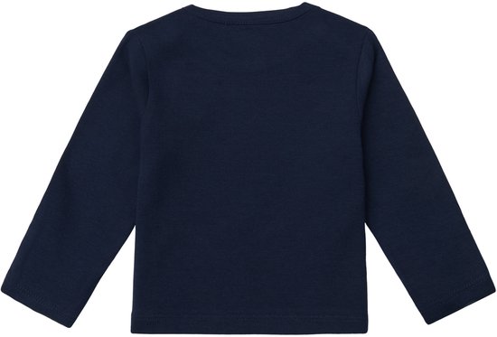 Achterkant van een effen donkerblauw longsleeve T-shirt voor baby's.