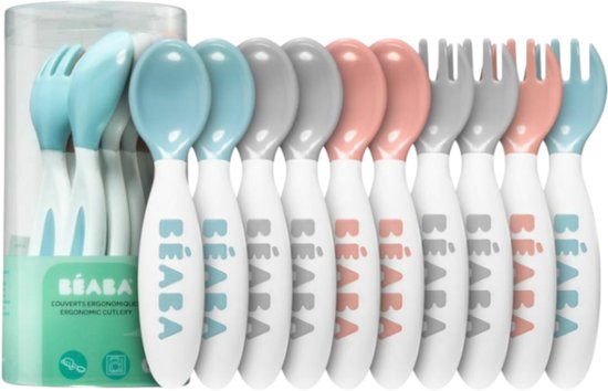 BÉABA, Ménagère First, ergonomique, set de 6 cuillères et 4 fourchettes, manche court et rond, prise en main facile pour bébé, convient aux droitiers et gauchers, gris/bleu/rose