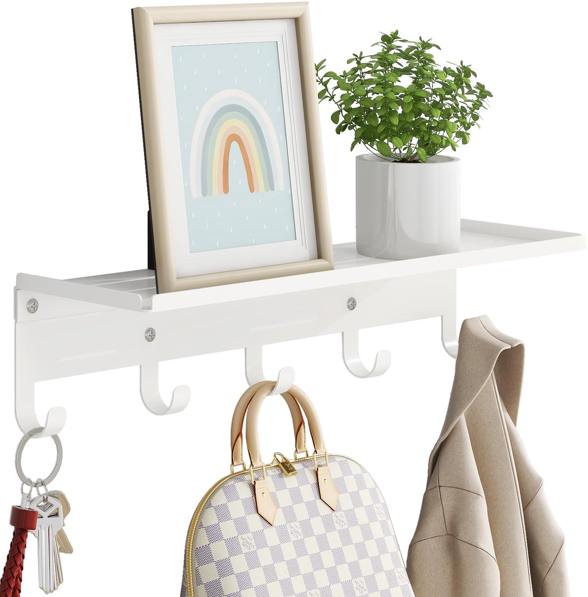 Ibenzoa Wandgarderobe met Opbergrek en 5 Haken voor Diverse Ruimtes, 43 x 10 x 12 cm wit