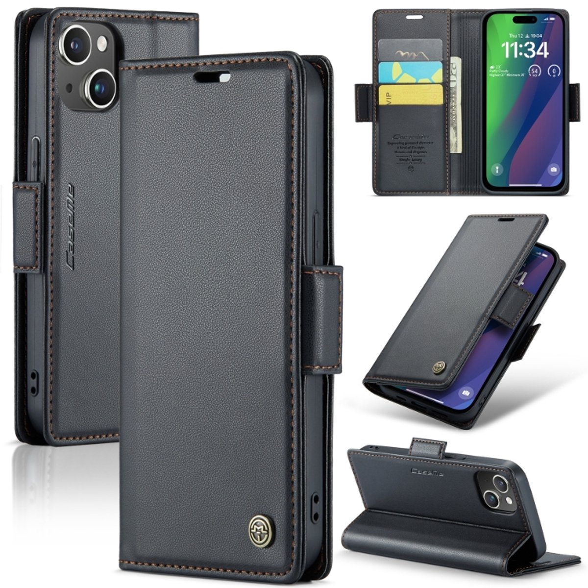 CaseMe Wallet Case met RFID Bescherming en Magneetsluiting voor iPhone 15 _ Zwart