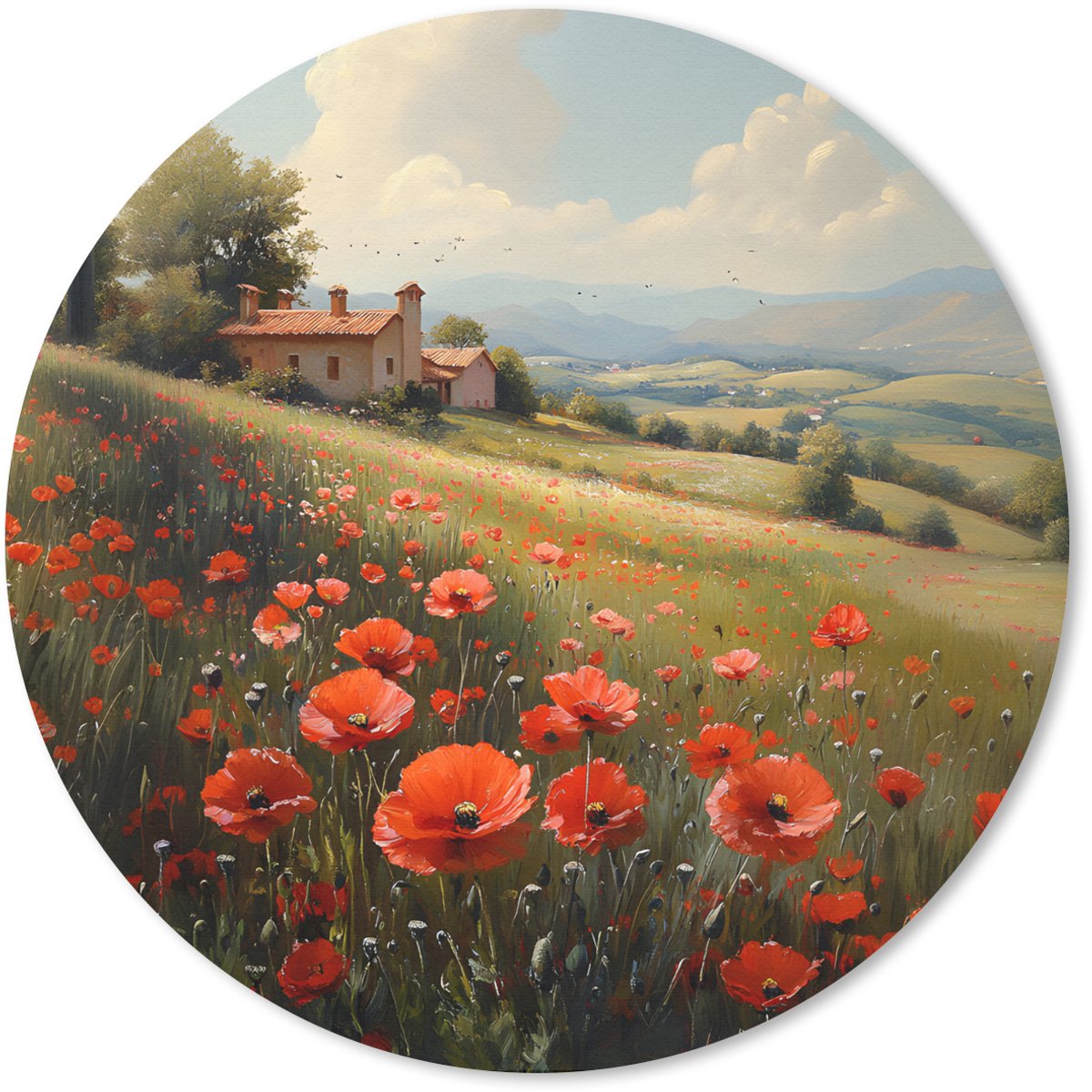 Muismat rond 50x50 cm - Mousepad Klaprozen - Rood - Heuvels - Landschap - Ronde muismatten