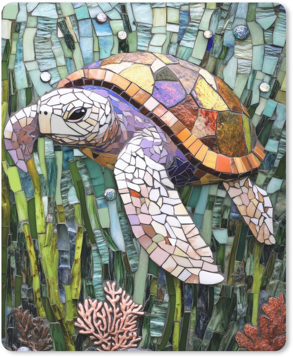 Muismat 19x23 cm - Mousepad Schildpad - Zeewier - Mozaïek - Muismatten