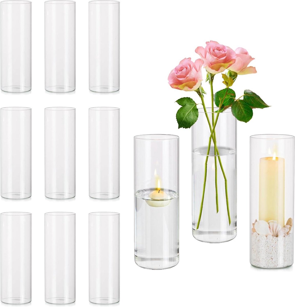 Glass cilinder vazen set van 12 - Transparante glazen vaas van 20cm voor bloemen - Grote kaarshouder voor pilaren - Zwevende kaarsen - Ronde bloemenvaas voor bruiloft tafeldecoratie