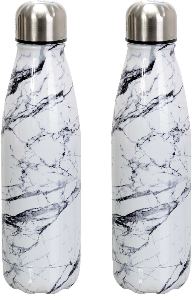 Cook Concept Travel drinkfles voor warme en koude dranken - 2x - marmer print - roestvrij staal - met schroefdop - 500 ml