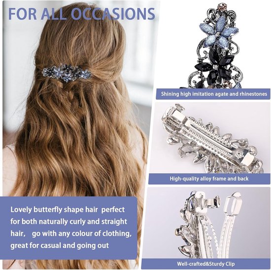 Haarspelden - Haaraccessoires - Elegante haarspelden voor dames en meisjes - Modieuze glinsterende haarspelden met strass-steentjes - Haarspeld met bloemen (roze en donkerblauwe/zwarte en grijze bloemen)