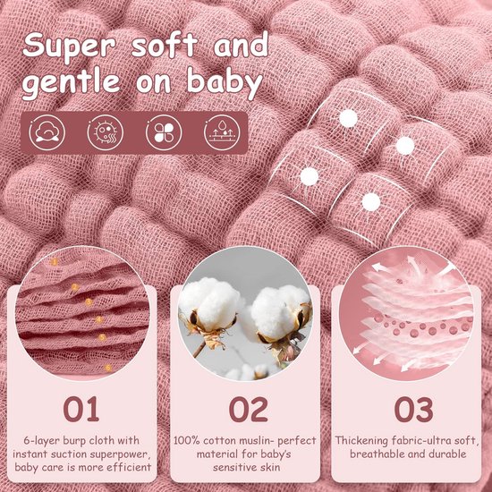 Handdoeken - Handdoeken - washandjes - Babyhanddoek -Slabbetje -Katoen Mousseline handdoek -Katoen - Superzacht en absorberend - 24 x 45 cm (roze) - Verpakking 6 stuks — afbeelding 3