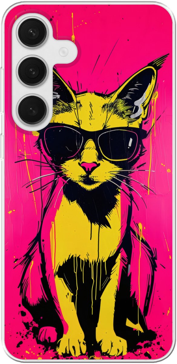 Telefoonhoesje Geschikt voor Samsung Galaxy S25 Plus hoesje - Kat - Art - Zonnebril - Roze - Siliconen Telefoonhoesje Telefoonhoesje
