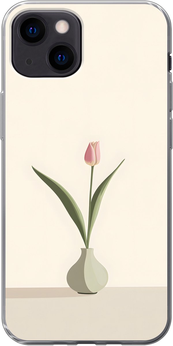 Telefoonhoesje Geschikt voor iPhone 13 mini hoesje - Tulp - Vaas - Beige - Siliconen Telefoonhoesje Telefoonhoesje