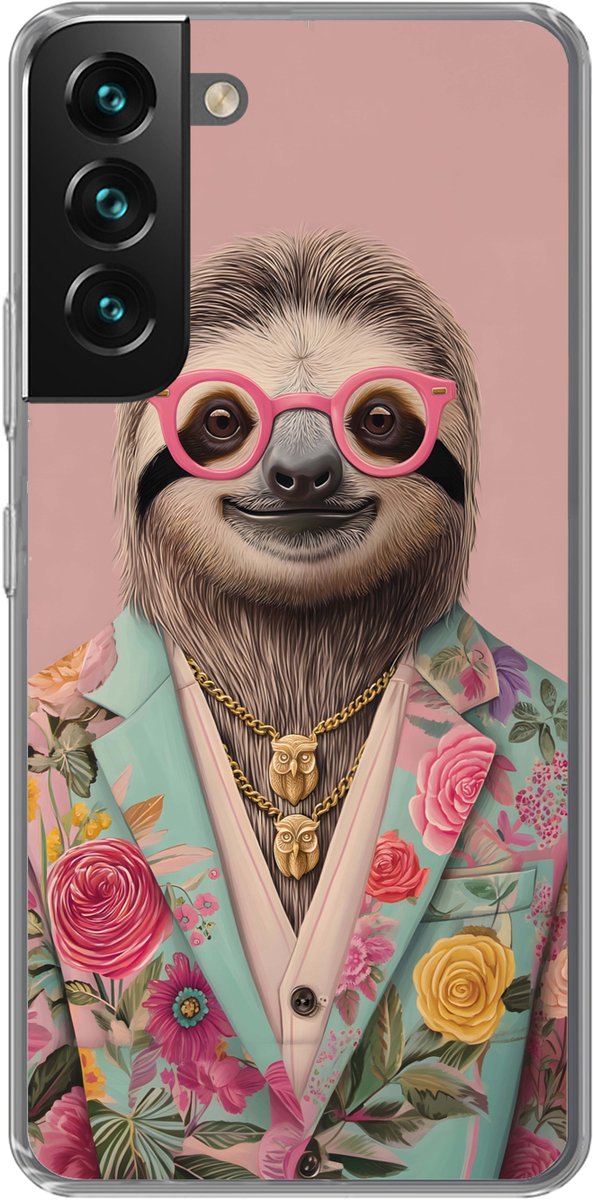 Telefoonhoesje Geschikt voor Samsung Galaxy S22 Plus hoesje - Luiaard - Bloemenprint - Bril - Roze - Siliconen Telefoonhoesje Telefoonhoesje