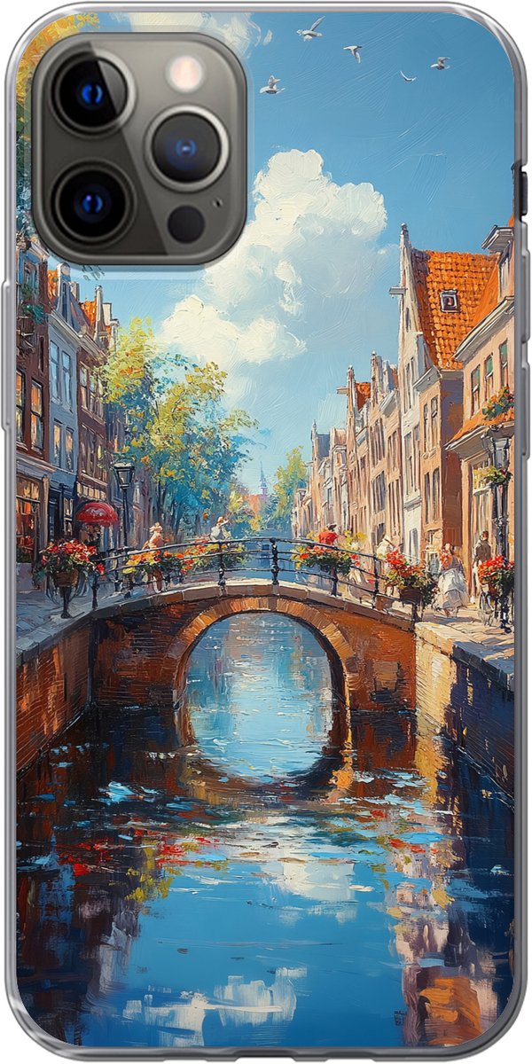 Telefoonhoesje Geschikt voor iPhone 12 Pro hoesje - Stad - Gracht - Zon - Fietsen - Siliconen Telefoonhoesje Telefoonhoesje