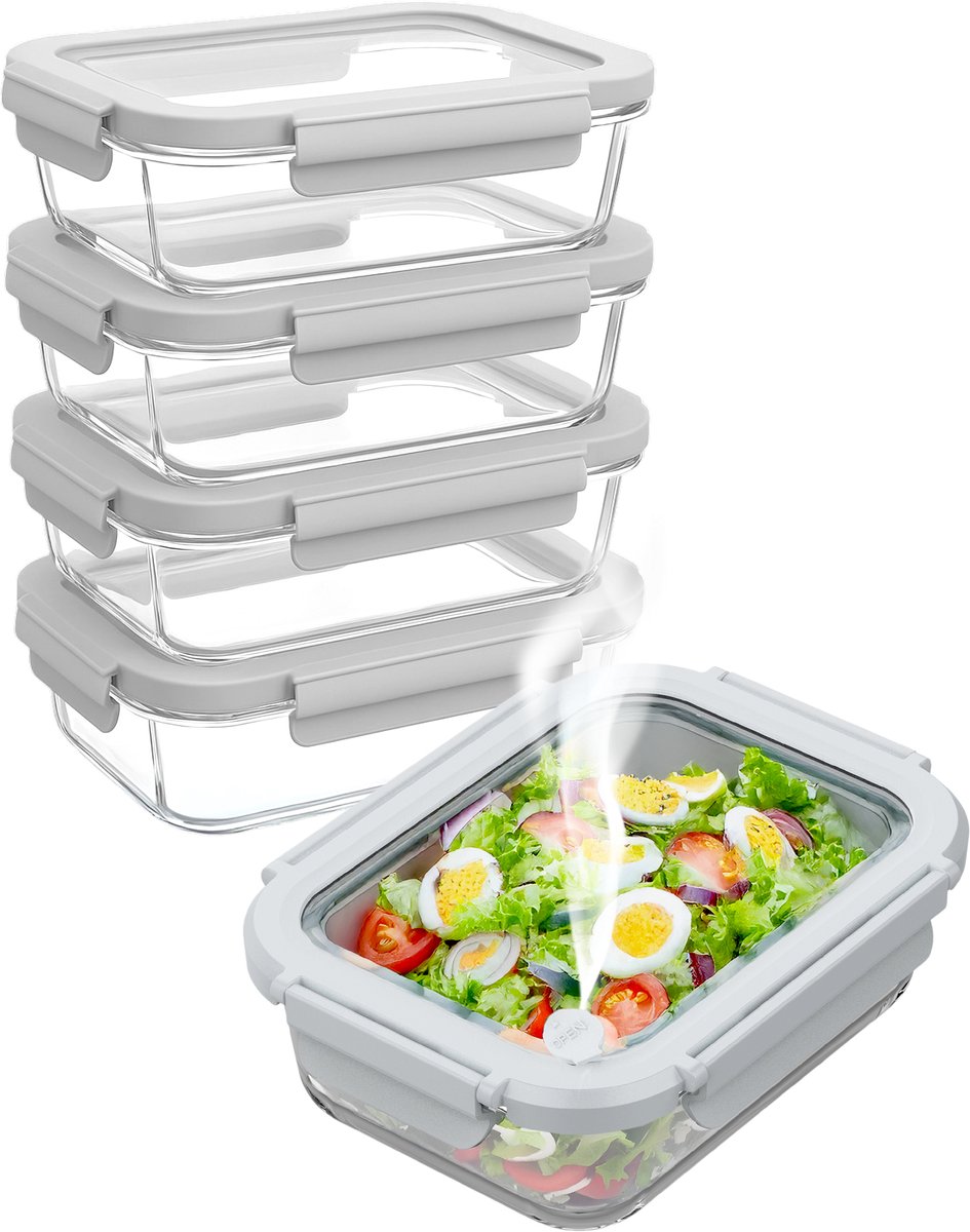 Nord Kitchen Vershoudbakjes Set - met Glazen Stoom Deksel - Meal Prep Bakjes - Diepvriesbakjes Volledig Glas - Luchtdicht - 5 Stuks - 1040 ML