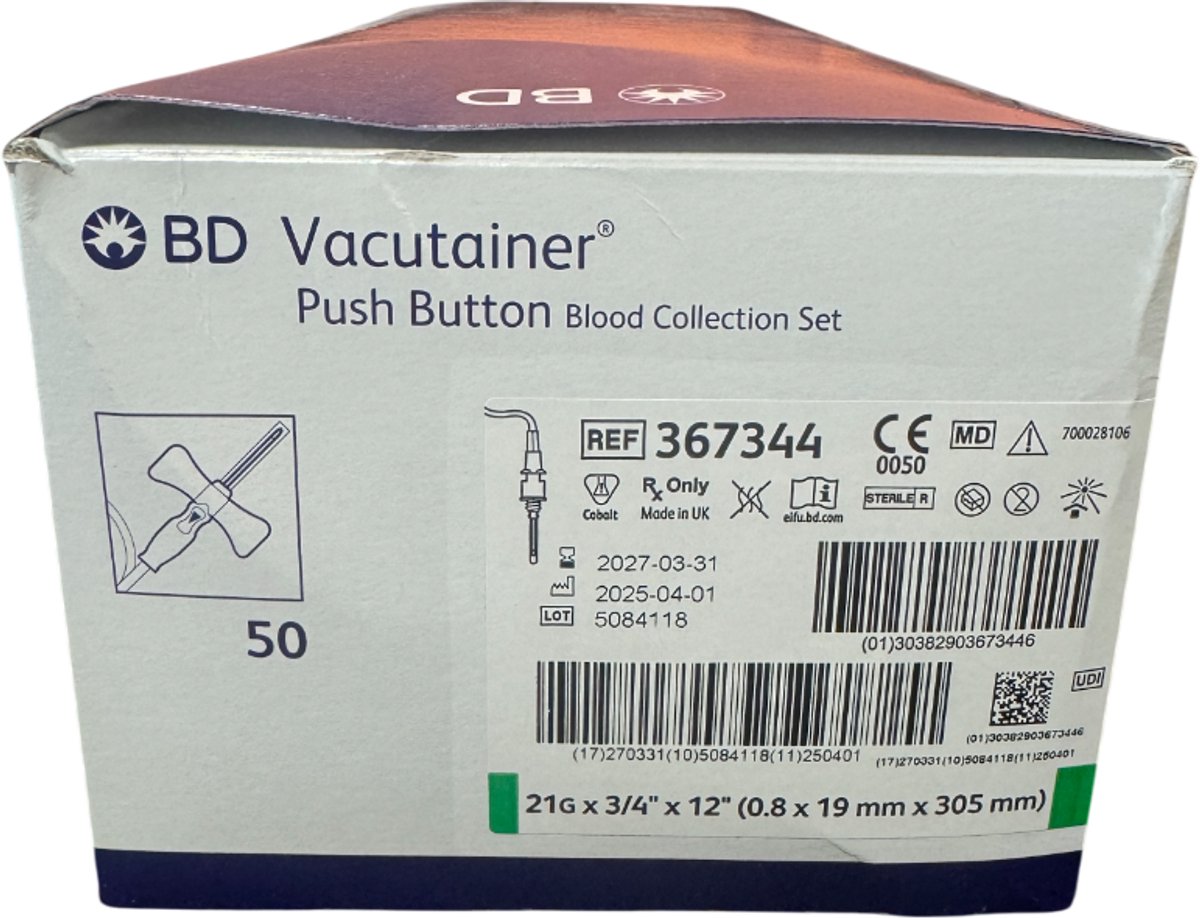 BD - Vacutainer Push Button Bloodcollection Set - 21G x 3/4 x 12 - 0.8 x 19 mm x 305 mm - 50 stuks per doos