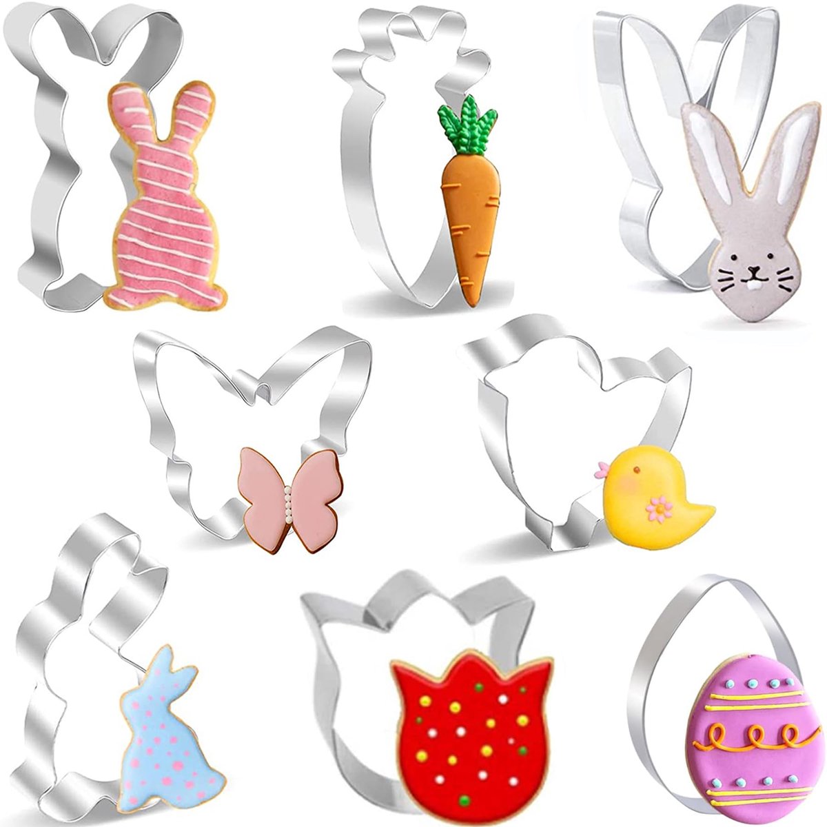 BELSVOR Set van 8 Paaskoekjesvormpjes, Paaskoekjesvormpjes van roestvrij staal, Paaskoekjesvormpjes voor het decoreren van koekjes/taarten/koekjes/gebak, Paaskoekjesvormpjes 8 stuks