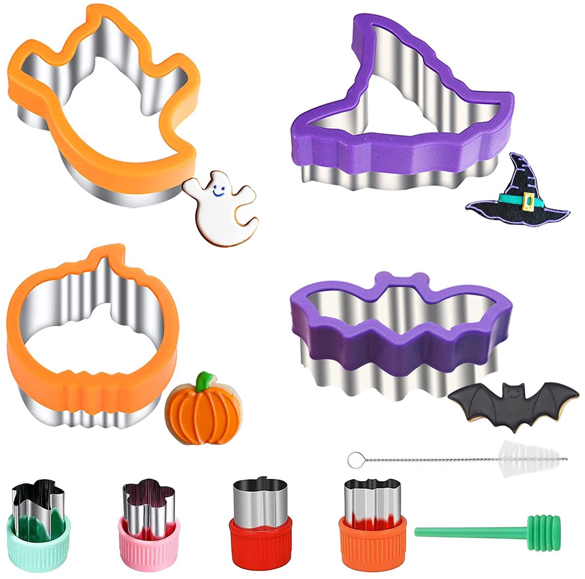 Halloween koekjesvormset, 10 stuks koekjesvormpjes voor verschillende formaten, waaronder pompoen, spook, vleermuis, heksenhoed, groente en fruit, roestvrij staal, om te bakken met kinderen