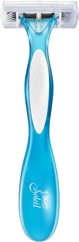 Eén blauw Bic Soleil scheermesje met een wit handvat, getoond op een witte achtergrond.
