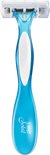 Eén blauw Bic Soleil scheermesje met een wit handvat, getoond op een witte achtergrond.